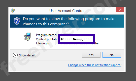 Screenshot where fCoder Group, Inc. appears as the verified publisher in the UAC dialog